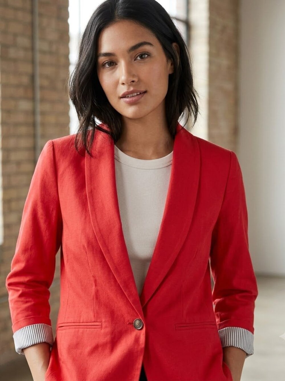Old Navy XS Petite Coral Red Single Button Blazer Striped Lining Career Jacket